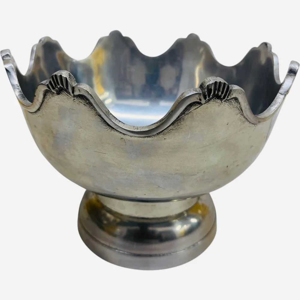 Vintage Scalloped Pedestal Bowl Silver Tone Metal Centerpiece Made in India Good